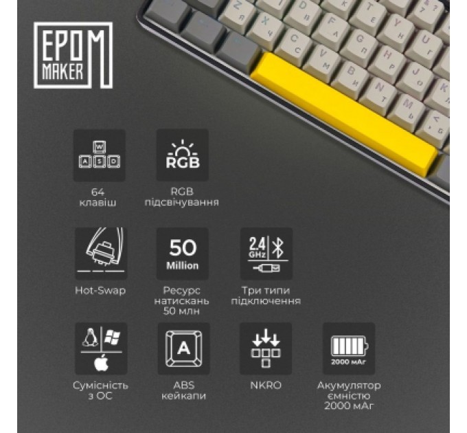 Epomaker Клавіатура Epomaker EP64 60 Mulan Switch Hot-Swap RGB Wireless/Bluetooth/USB UA Black (EP64-B-M)