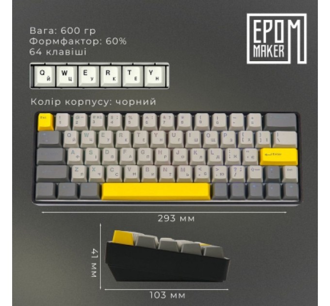 Epomaker Клавіатура Epomaker EP64 60 Mulan Switch Hot-Swap RGB Wireless/Bluetooth/USB UA Black (EP64-B-M)