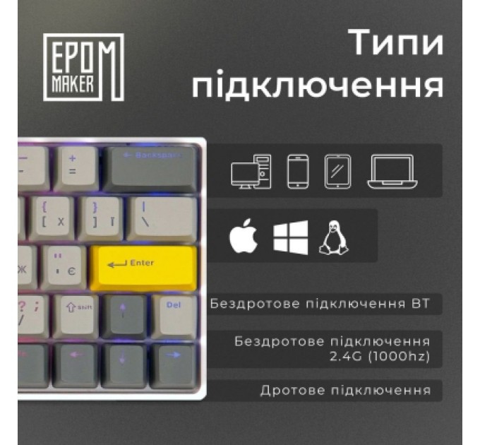 Epomaker Клавіатура Epomaker EP64 60 Mulan Switch Hot-Swap RGB Wireless/Bluetooth/USB UA White (EP64-W-M)