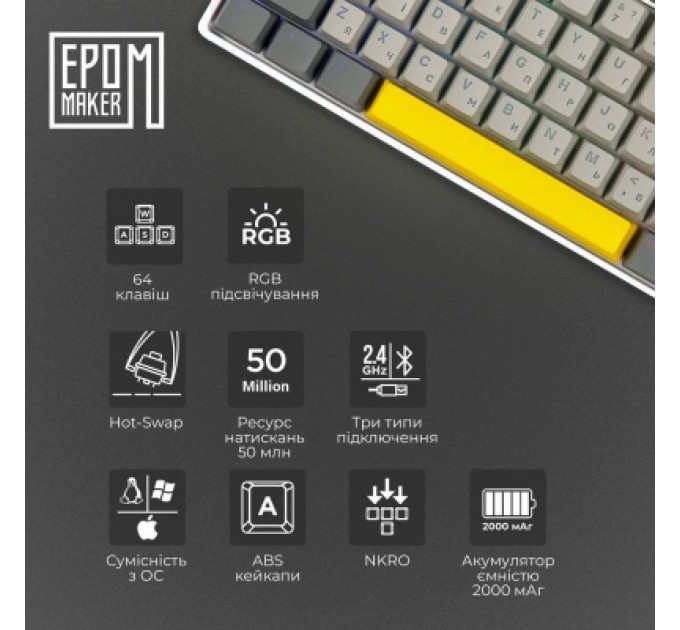 Epomaker Клавіатура Epomaker EP64 60 Mulan Switch Hot-Swap RGB Wireless/Bluetooth/USB UA White (EP64-W-M)