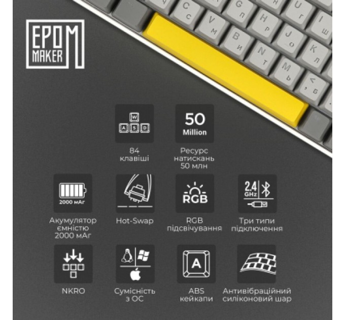 Epomaker Клавіатура Epomaker EP84 Plus 75 Wisteria Linear Switch Hot-Swap RGB Wireless/Bluetooth/USB UA White (EP84-W-WL)
