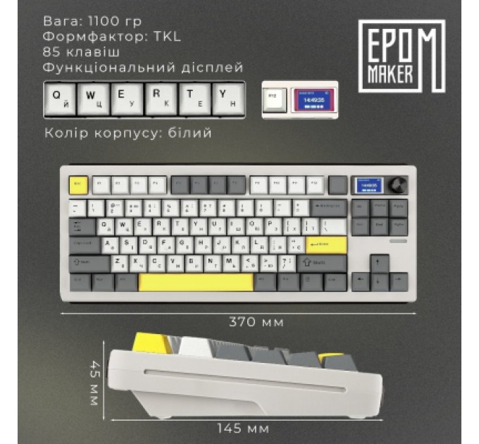 Epomaker Клавіатура Epomaker Shadow-S TKL Mulan Switch Hot-Swap LCD Screen RGB Wireless/Bluetooth/USB UA White (SHS-W-M)