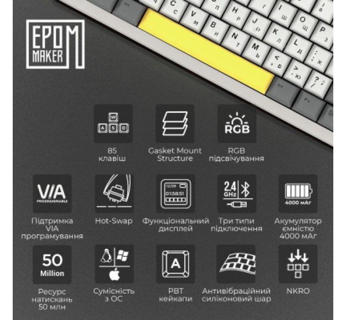 Epomaker Клавіатура Epomaker Shadow-S TKL Mulan Switch Hot-Swap LCD Screen RGB Wireless/Bluetooth/USB UA White (SHS-W-M)