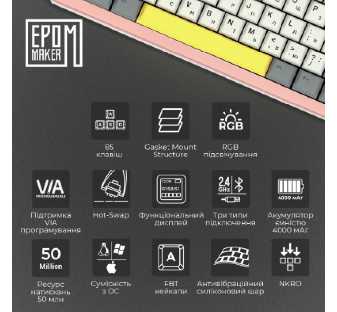 Epomaker Клавіатура Epomaker Shadow-S TKL Mulan Switch Hot-Swap LCD Screen RGB Wireless/Bluetooth/USB UA Pink (SHS-P-WL)