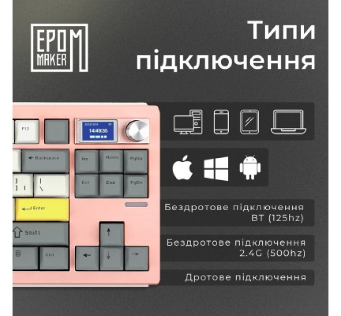 Epomaker Клавіатура Epomaker Shadow-S TKL Mulan Switch Hot-Swap LCD Screen RGB Wireless/Bluetooth/USB UA Pink (SHS-P-WL)