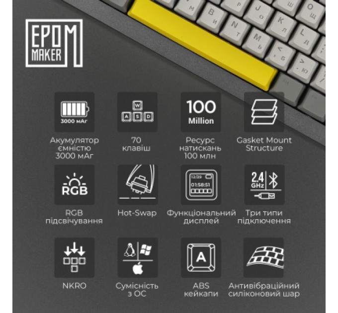 Epomaker Клавіатура Epomaker Shadow-X 70 Flamingo Switch Hot-Swap LCD Screen RGB Wireless/Bluetooth/USB UA Black (SHX-B-F)