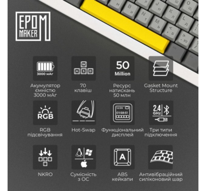 Epomaker Клавіатура Epomaker Shadow-X 70 Wisteria Linear Switch Hot-Swap LCD Screen RGB Wireless/Bluetooth/USB UA White (SHX-W-WL)
