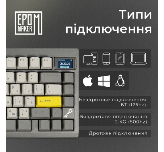 Epomaker Клавіатура Epomaker TH80 Pro V2 75 Sea Salt Silent Switch Hot-Swap LCD Screen RGB Wireless/Bluetooth/USB UA Black (TH80-PROV2-B-SS)