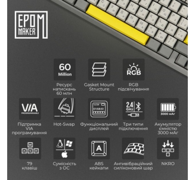 Epomaker Клавіатура Epomaker TH80 Pro V2 75 Sea Salt Silent Switch Hot-Swap LCD Screen RGB Wireless/Bluetooth/USB UA Black (TH80-PROV2-B-SS)