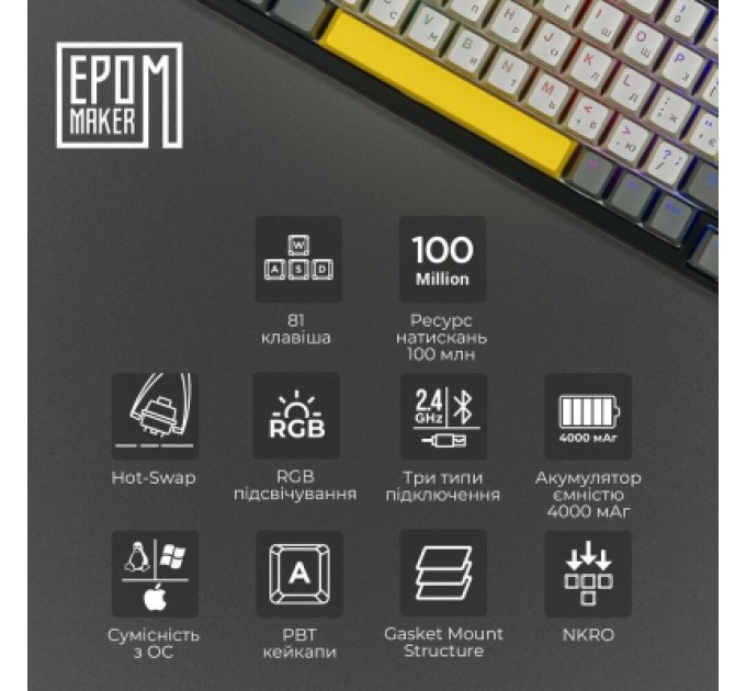 Epomaker Клавіатура Epomaker TH80 SE 75 Budgerigar V2 Switch Hot-Swap RGB Wireless/Bluetooth/USB UA Black (TH80-SE-B-BV2)