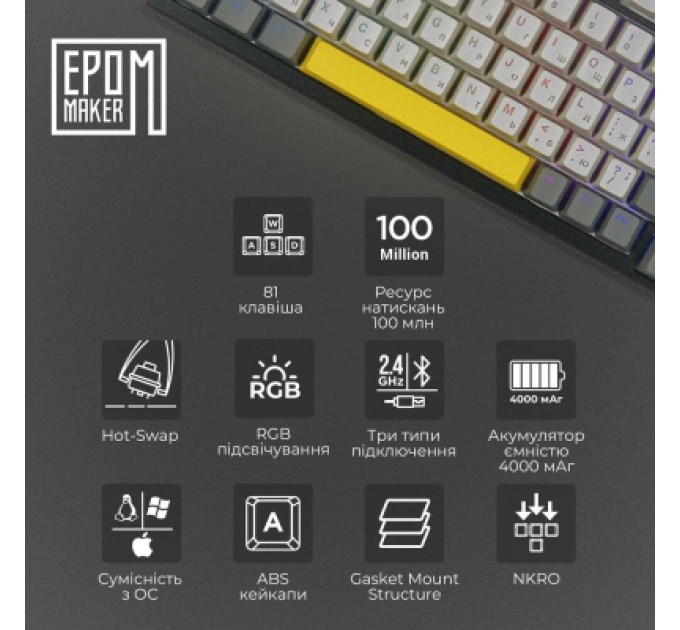 Epomaker Клавіатура Epomaker TH80 SE 75 Flamingo Switch Hot-Swap RGB Wireless/Bluetooth/USB UA Black (TH80-SE-B-F)