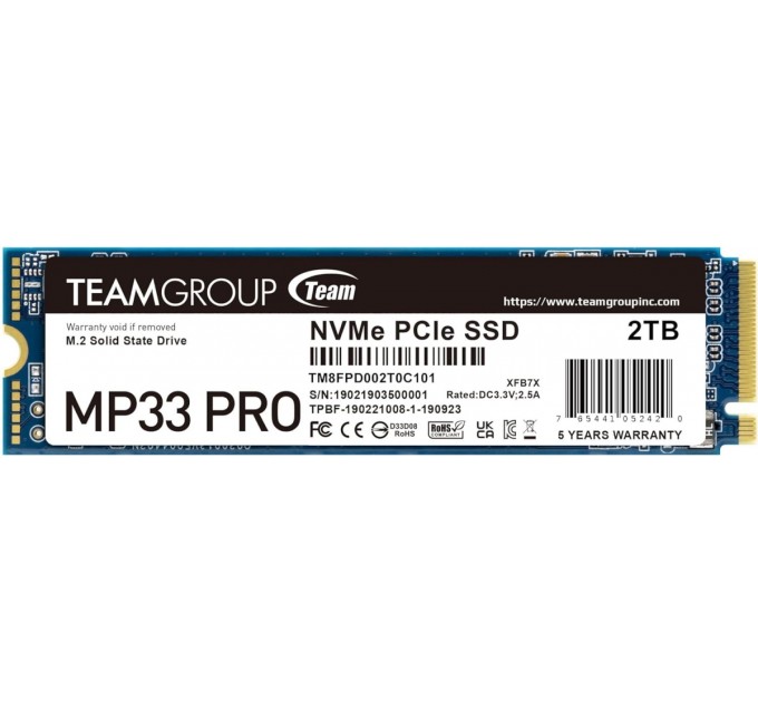 Team Накопичувач SSD 2TB Team MP33 Pro M.2 2280 PCIe 3.0 x4 3D TLC (TM8FPD002T0C101)