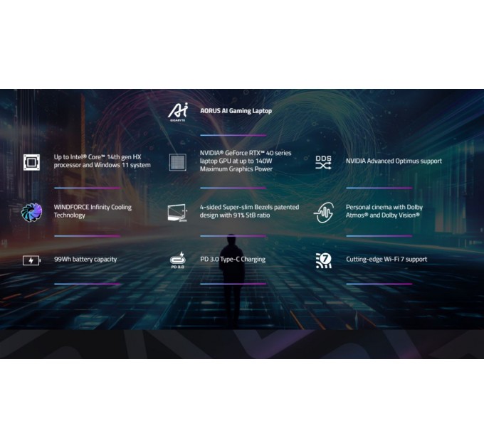 GIGABYTE Ноутбук Gigabyte Aorus 16X (2024) (AORUS 16X ASG-63UAC64SH); 16" WQXGA (2560x1600) IPS LED матовый 165 Гц / Intel Core i9-14900HX (2.2 - 5.4 ГГц) / RAM 32 ГБ (Max 64 ГБ) / SSD 1 ТБ / nVidia GeForce RTX4070, 8 ГБ / без ОП / LAN / Wi-Fi / BT /