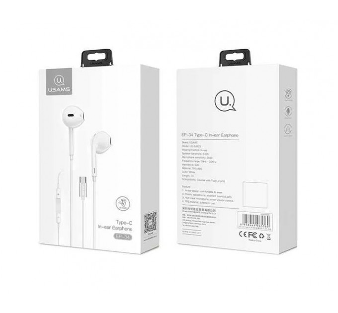 Usams Гарнитура Usams EP-34 USB-C White (HSEP3401)