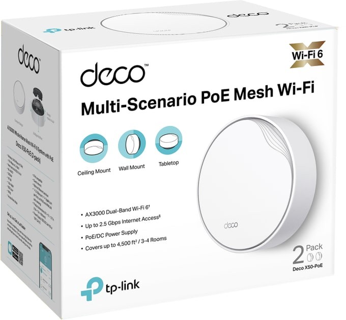 TP-Link WiFi Mesh система TP-Link Deco X50-PoE(2-pack); AX3000, 1x2.5 GE WAN/LAN, 1xGE WAN/LAN