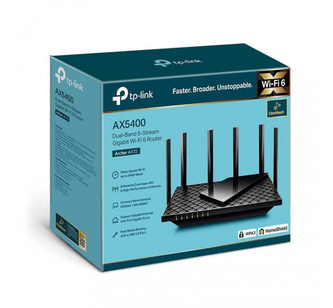 TP-Link Беспроводной маршрутизатор TP-Link Archer AX72 (AX5400 Wi-Fi6, 1xGE WAN, 4xGE LAN, 1xUSB 3.0, MU-MIMO, OFDMA, DFS)