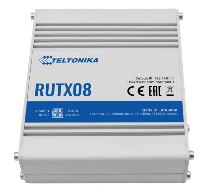 Teltonika Маршрутизатор Teltonika RUTX08 (RUTX08000000) (industrial, 1xGE WAN, 3xGE LAN, USB, MODBUS, 4 pin DC, IP30, ALU Case, RMS, CLI, IoT, монтаж DIN rail)