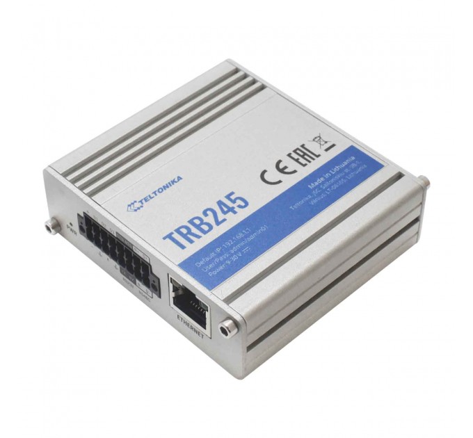 Teltonika Маршрутизатор Teltonika TRB245 (TRB245000000) (industrial, 1xFE LAN, 2xSIM, 4G/LTE.Cat4, GPS, RS232/RS485, MODBUS, 16 pin, IP30, ALU Case, RMS, CLI, IoT, монтаж DIN rail, 1xSMA для LTE, 1xSMA для GPS)