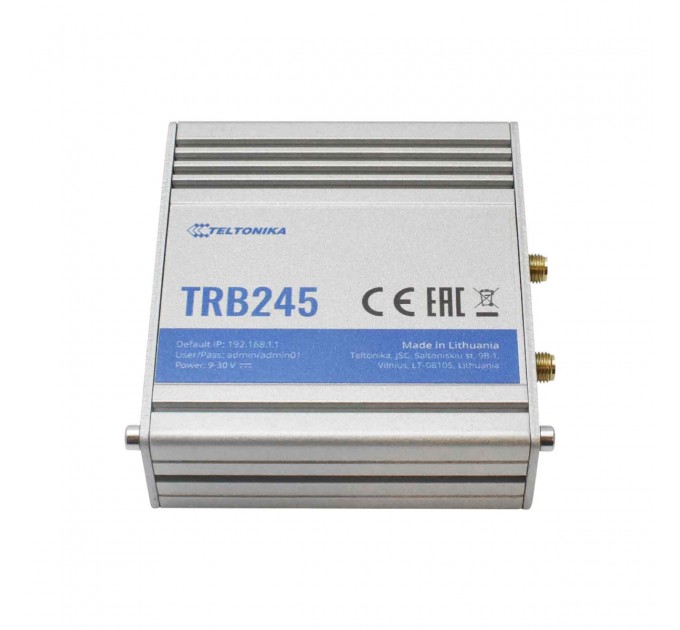 Teltonika Маршрутизатор Teltonika TRB245 (TRB245000000) (industrial, 1xFE LAN, 2xSIM, 4G/LTE.Cat4, GPS, RS232/RS485, MODBUS, 16 pin, IP30, ALU Case, RMS, CLI, IoT, монтаж DIN rail, 1xSMA для LTE, 1xSMA для GPS)
