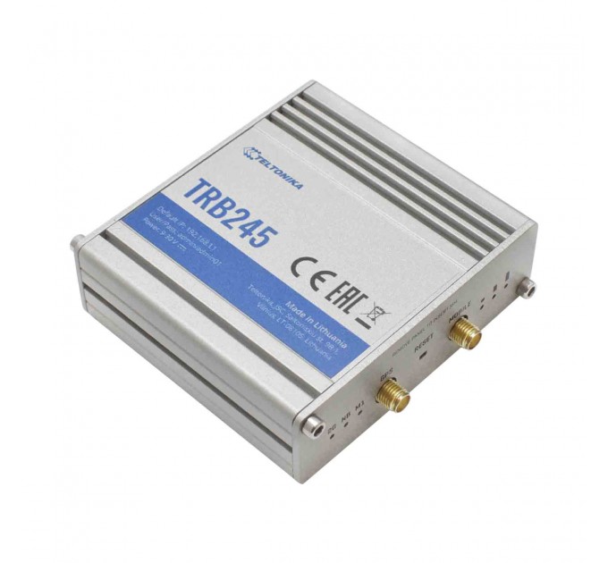 Teltonika Маршрутизатор Teltonika TRB245 (TRB245000000) (industrial, 1xFE LAN, 2xSIM, 4G/LTE.Cat4, GPS, RS232/RS485, MODBUS, 16 pin, IP30, ALU Case, RMS, CLI, IoT, монтаж DIN rail, 1xSMA для LTE, 1xSMA для GPS)