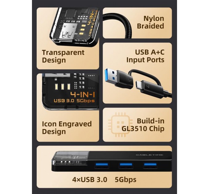 Cabletime Концентратор Cabletime USB Type C - 4 Port USB 3.0, 0.15 m (CB03B)