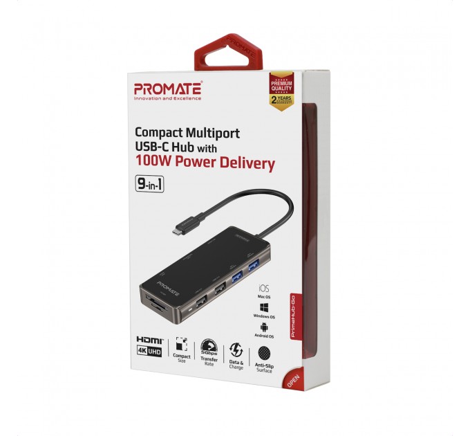 Promate Концентратор USB Promate PrimeHub USB-C Grey (primehub-go.grey)