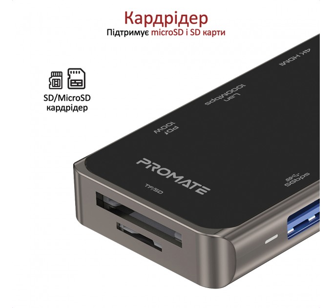 Promate Концентратор USB Promate PrimeHub USB-C Grey (primehub-go.grey)