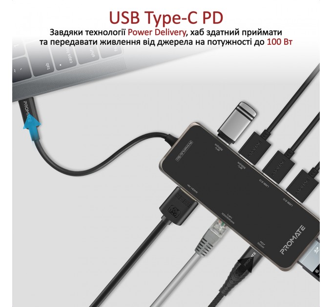 Promate Концентратор USB Promate PrimeHub USB-C Grey (primehub-go.grey)