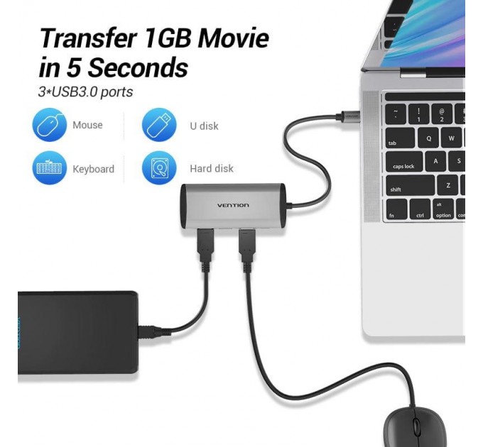 Vention Концентратор Vention USB-C 3-Port, RJ-45, PD, 0.15 m (TGDHB)