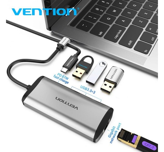 Vention Концентратор Vention USB-C 3-Port, RJ-45, PD, 0.15 m (TGDHB)