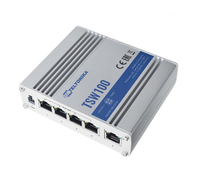 Teltonika Коммутатор Teltonika TSW100 (TSW100000000) (industrial, unmanaged, 4xGE PoE,1xGE, IP30, ALU Case, 4 pin DC, max PoE 120W)