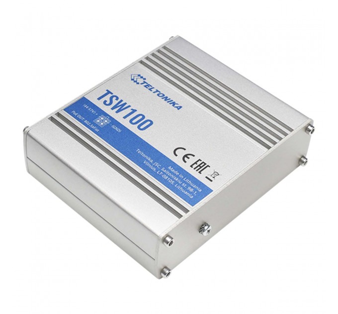 Teltonika Коммутатор Teltonika TSW100 (TSW100000000) (industrial, unmanaged, 4xGE PoE,1xGE, IP30, ALU Case, 4 pin DC, max PoE 120W)