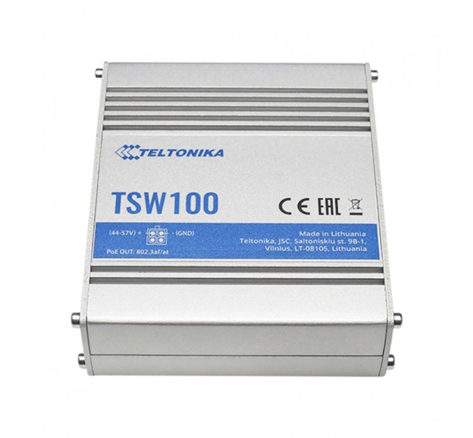 Teltonika Коммутатор Teltonika TSW100 (TSW100000000) (industrial, unmanaged, 4xGE PoE,1xGE, IP30, ALU Case, 4 pin DC, max PoE 120W)