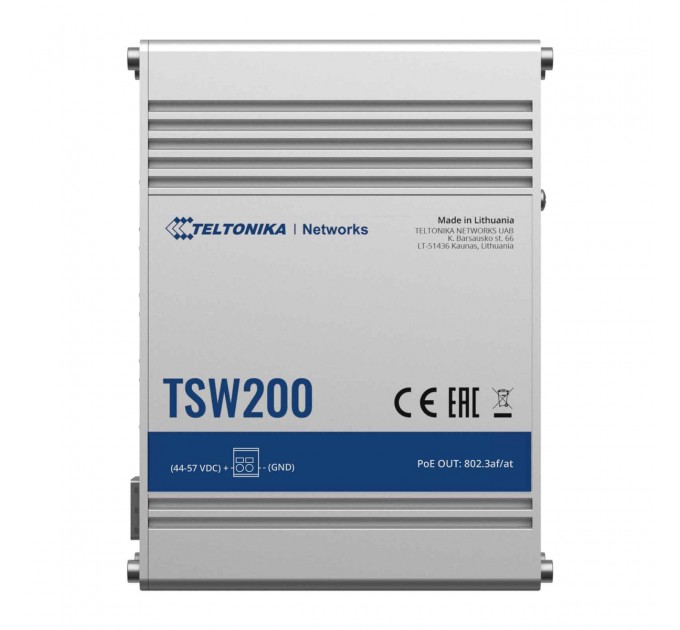 Teltonika Коммутатор Teltonika TSW200 (TSW200000010) (industrial, unmanaged, 8xGE PoE+, 2xSFP, IP30, ALU Case,  2 pin industrial DC, max PoE 240W)