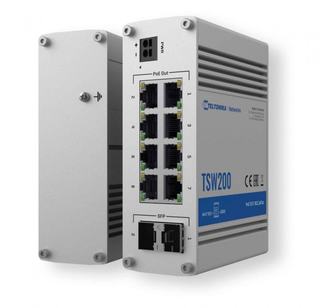 Teltonika Коммутатор Teltonika TSW200 (TSW200000010) (industrial, unmanaged, 8xGE PoE+, 2xSFP, IP30, ALU Case,  2 pin industrial DC, max PoE 240W)