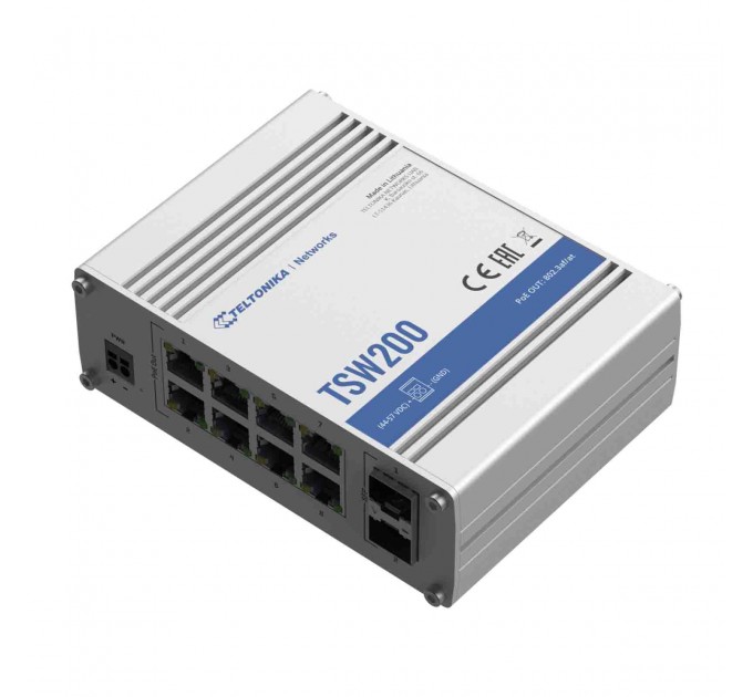 Teltonika Коммутатор Teltonika TSW200 (TSW200000010) (industrial, unmanaged, 8xGE PoE+, 2xSFP, IP30, ALU Case,  2 pin industrial DC, max PoE 240W)