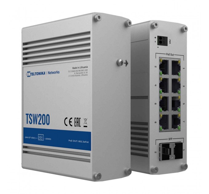 Teltonika Коммутатор Teltonika TSW200 (TSW200000010) (industrial, unmanaged, 8xGE PoE+, 2xSFP, IP30, ALU Case,  2 pin industrial DC, max PoE 240W)