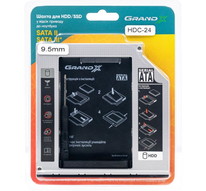 Grand-X Адаптер Grand-X для подключения HDD 2.5" в отсек привода ноутбука SATA/SATA3 Slim 9.5мм (HDC-24)