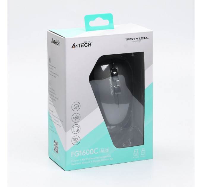 A4Tech Комплект (клавиатура цифровая, мышь) беспроводной Fstyler FG1600C Air2 Grey