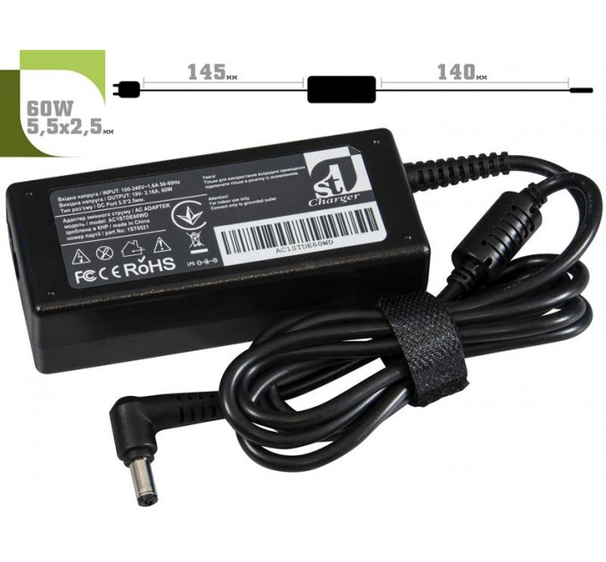 1StCharger Блок живлення 1StCharger для ноутбука Dell 19V 60W 3.16A 5.5х2.5мм + каб.живл. (AC1STDE60WD)
