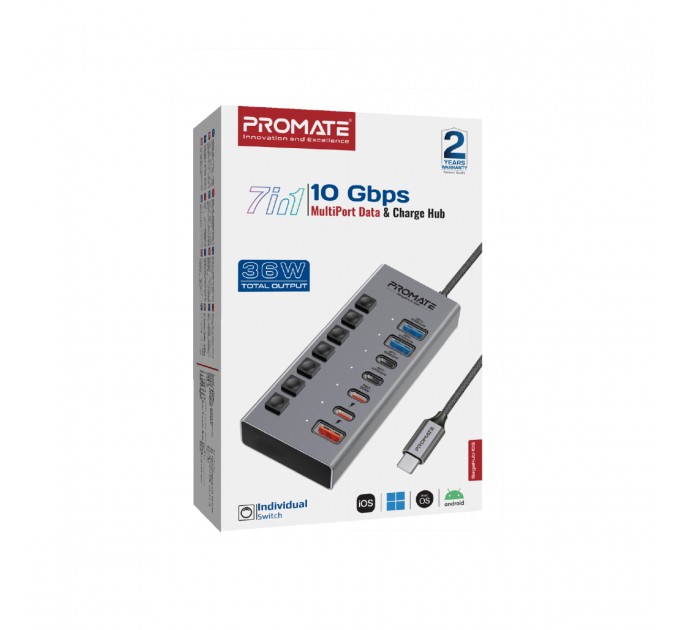 Promate Концентратор USB Type-C Promate Gegahub-10G 7 in 1 Grey (gegahub-10g)