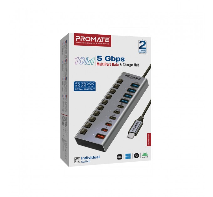 Promate Концентратор USB Type-C Promate Gegahub-5G 10 in 1 Grey (gegahub-5g)