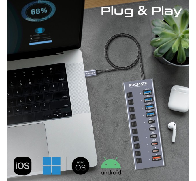 Promate Концентратор USB Type-C Promate Gegahub-5G 10 in 1 Grey (gegahub-5g)