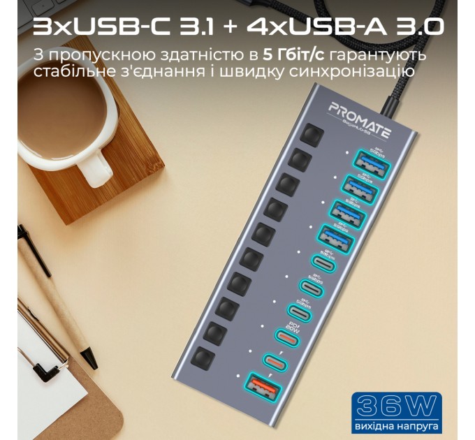 Promate Концентратор USB Type-C Promate Gegahub-5G 10 in 1 Grey (gegahub-5g)