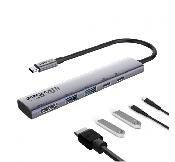 Promate Концентратор USB Type-C Promate LinkHub-5x 5 in 1 Grey (linkhub-5x)