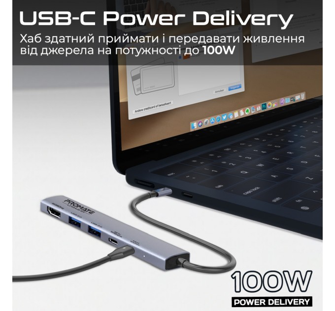 Promate Концентратор USB Type-C Promate LinkHub-5x 5 in 1 Grey (linkhub-5x)