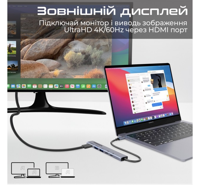 Promate Концентратор USB Type-C Promate LinkHub-5x 5 in 1 Grey (linkhub-5x)
