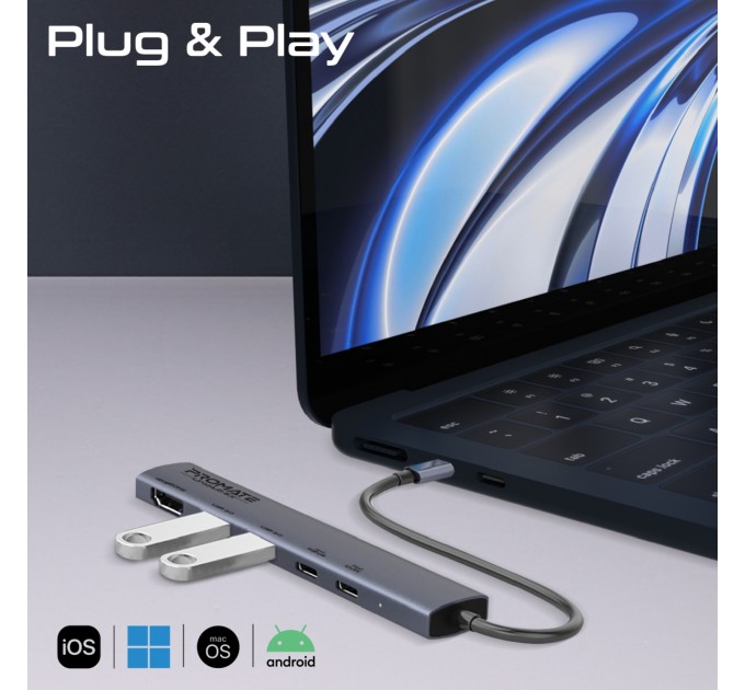 Promate Концентратор USB Type-C Promate LinkHub-5x 5 in 1 Grey (linkhub-5x)