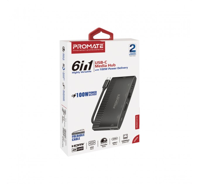 Promate Концентратор USB Type-C Promate MediaHub-C6 6 in 1 Black (mediahub-c6.black)