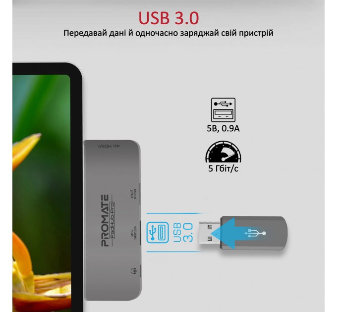 Promate Концентратор USB Type-C Promate PadHub-Pro 4 in 1 Grey (padhub-pro.grey)